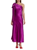 Purple Silk Satin 1 Shoulder Dress With Bow Detail