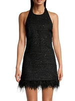 Jackie Tweed Feather-Trim Halter Dress