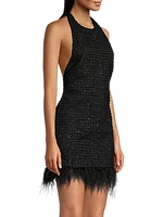 Jackie Tweed Feather-Trim Halter Dress