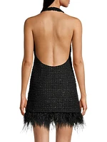 Jackie Tweed Feather-Trim Halter Dress