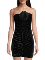 Susana Flower Velvet Ruched Strapless Minidress