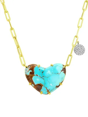 Two-Tone 14K Gold, Turquoise, & Diamond Pendant Necklace