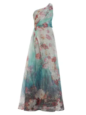 One-Shoulder Floral Print Gown