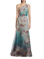 One-Shoulder Floral Print Gown