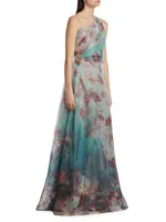 One-Shoulder Floral Print Gown