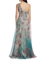 One-Shoulder Floral Print Gown