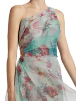 One-Shoulder Floral Print Gown