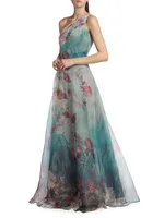 One-Shoulder Floral Print Gown