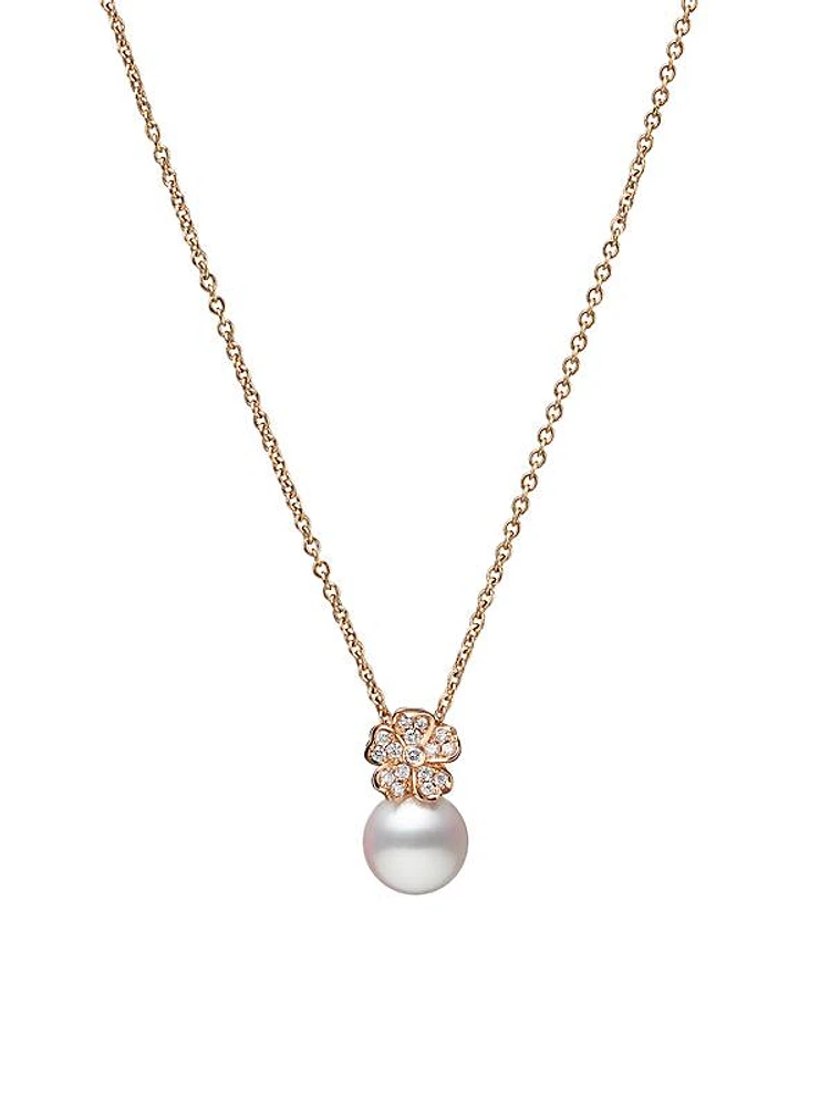 Cherry Blossom 18K Rose Gold, Diamond & Pearl Pendant Necklace