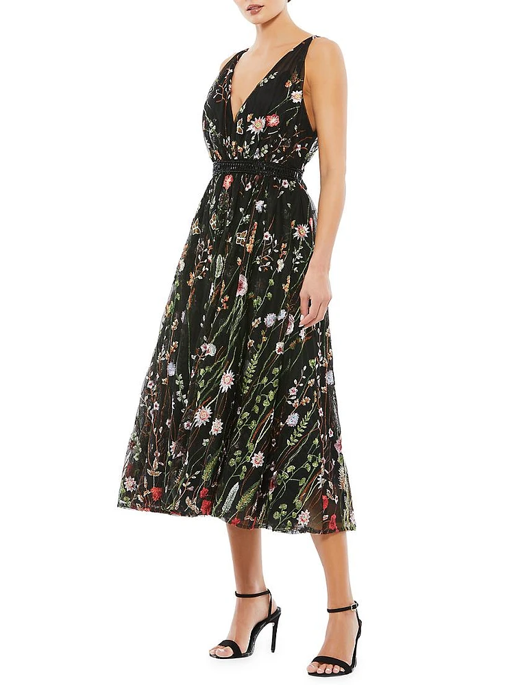 Floral-Embroidered Tulle Midi-Dress