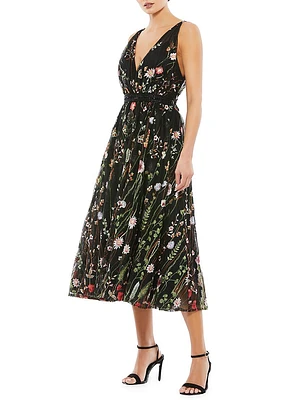 Floral-Embroidered Tulle Midi-Dress