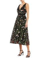 Floral-Embroidered Tulle Midi-Dress