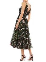 Floral-Embroidered Tulle Midi-Dress