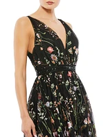 Floral-Embroidered Tulle Midi-Dress