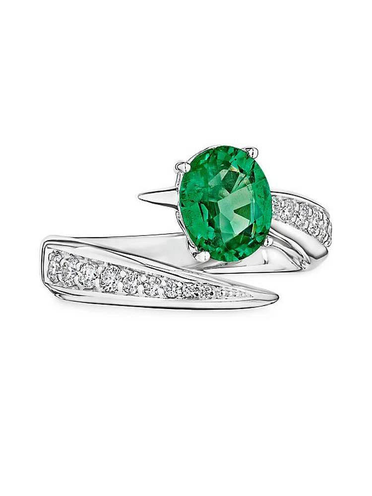 18K White Gold, Emerald & 0.358 TCW Diamond Bypass Ring