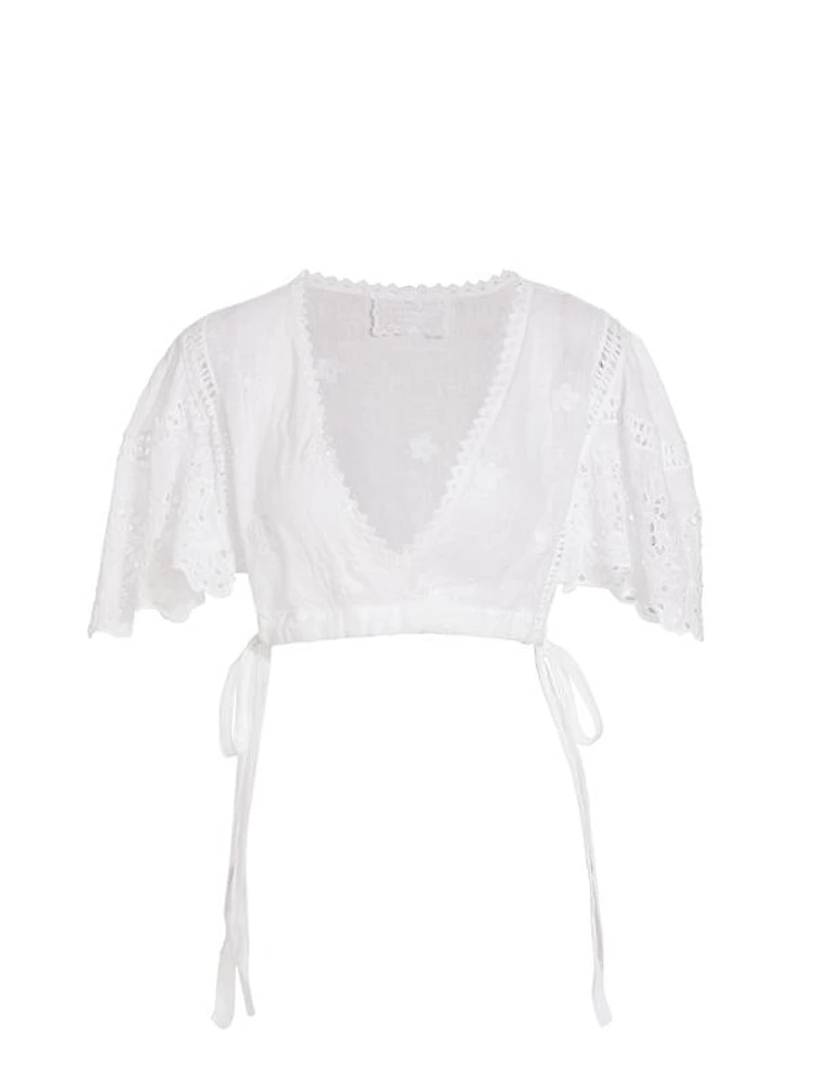 Jennifer Eyelet-Sleeve Linen Crop Top