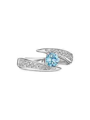 18K White Gold, Blue Aquamarine & 0.4 TCW Diamonds Bypass Ring