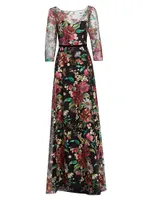 Three-Quarter-Sleeve Embroidered Gown