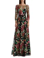 Three-Quarter-Sleeve Embroidered Gown