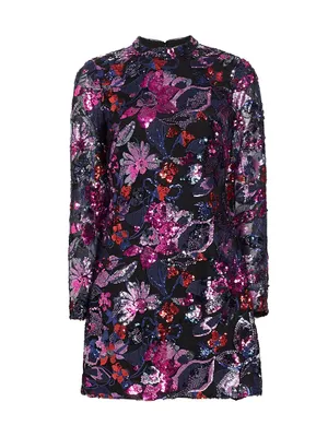 Long-Sleeve Sequin Floral Minidress