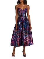 Floral Satin Fit-and-FlareMidi-Dress