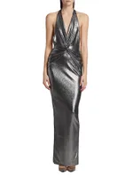 Stella Metallic Knit Twisted Halter Gown