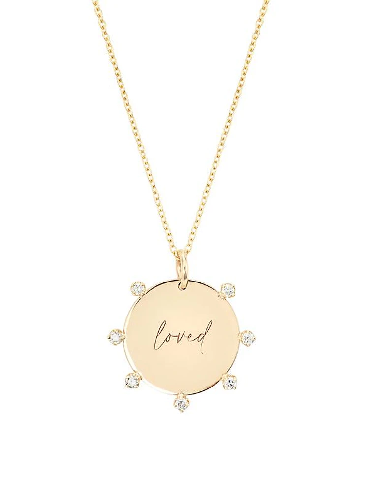 Tender Tokens 14K Yellow Gold & 0.14 TCW Diamond "Loved" Disc Pendant Necklace