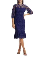 Judith Lace Puff-Sleeve Midi-Dress