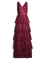 Sleeveless Tiered Sequin Gown