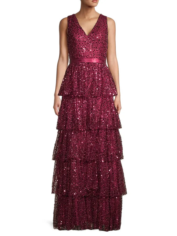 Sleeveless Tiered Sequin Gown