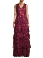 Sleeveless Tiered Sequin Gown