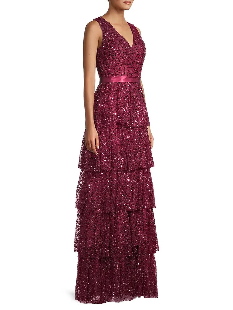 Sleeveless Tiered Sequin Gown