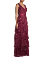 Sleeveless Tiered Sequin Gown