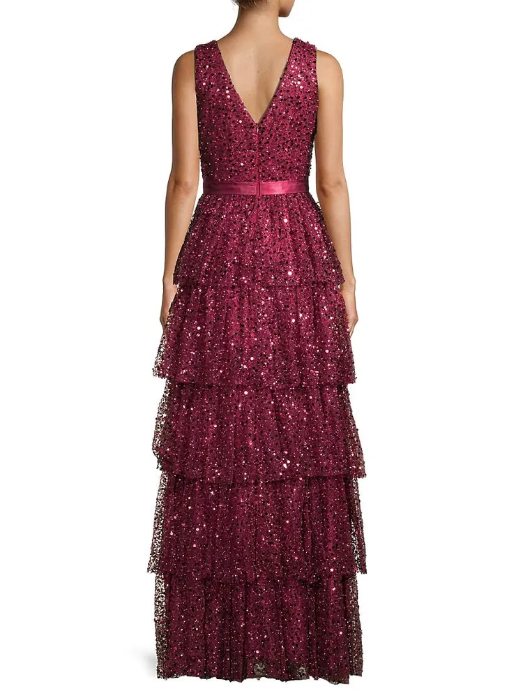 Sleeveless Tiered Sequin Gown