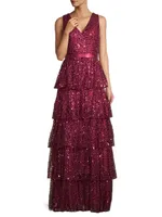 Sleeveless Tiered Sequin Gown