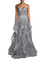 Printed Tulle Strapless Gown