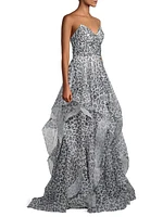 Printed Tulle Strapless Gown