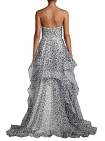 Printed Tulle Strapless Gown