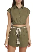 Belen Linen Button-Front Crop Top