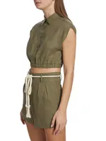 Belen Linen Button-Front Crop Top