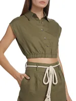 Belen Linen Button-Front Crop Top