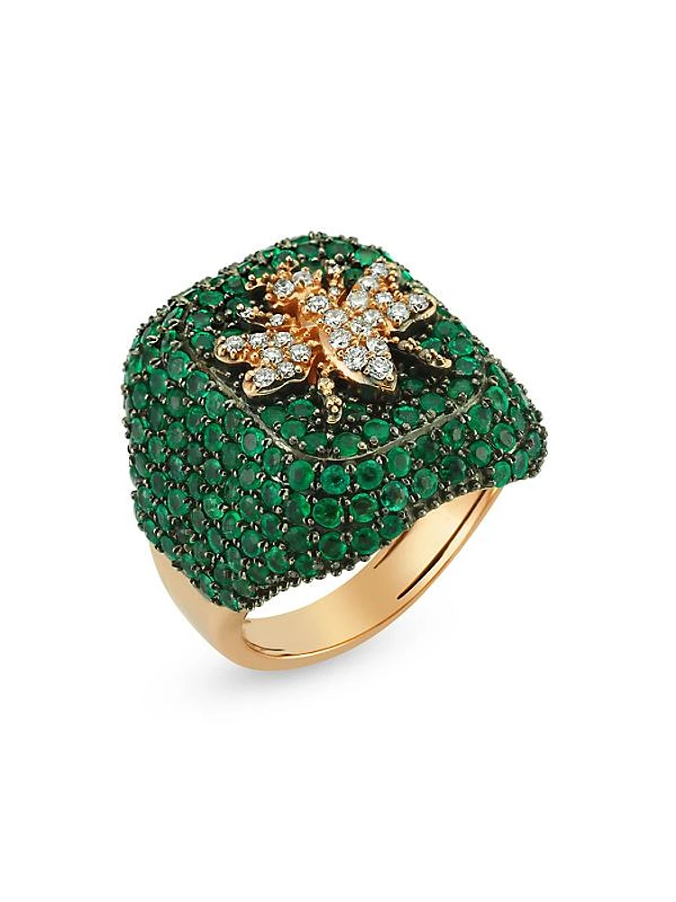 Honey 14K Yellow Gold, Emerald, & 0.24 TCW Diamond Queen Bee Ring