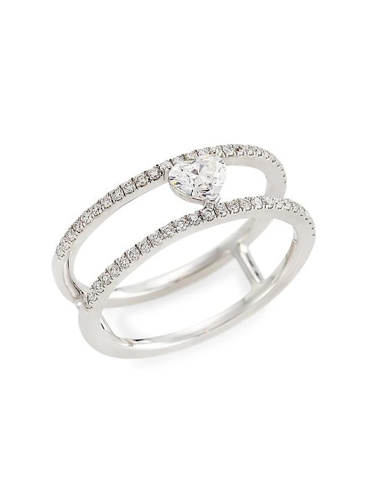 14K White Gold & Heart Diamond Bar Ring