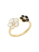 14K Yellow Gold, 0.1 TCW Diamond, & Enamel Flower Cuff Ring