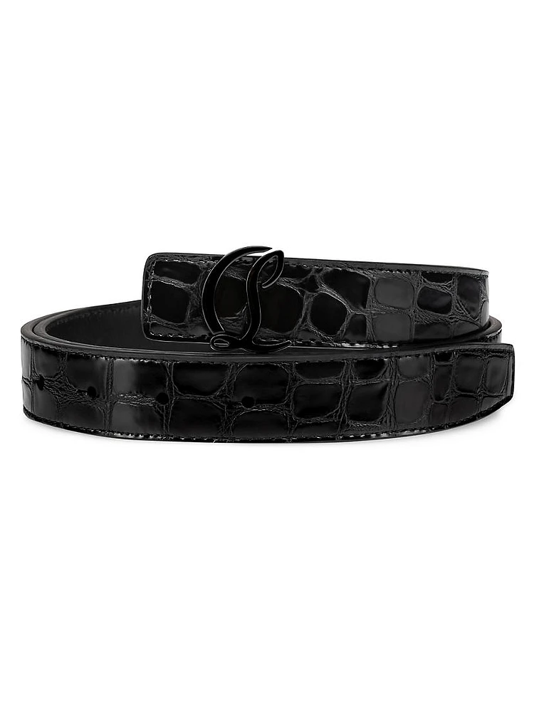 CL Logo Crocodile-Embossed Leather Belt