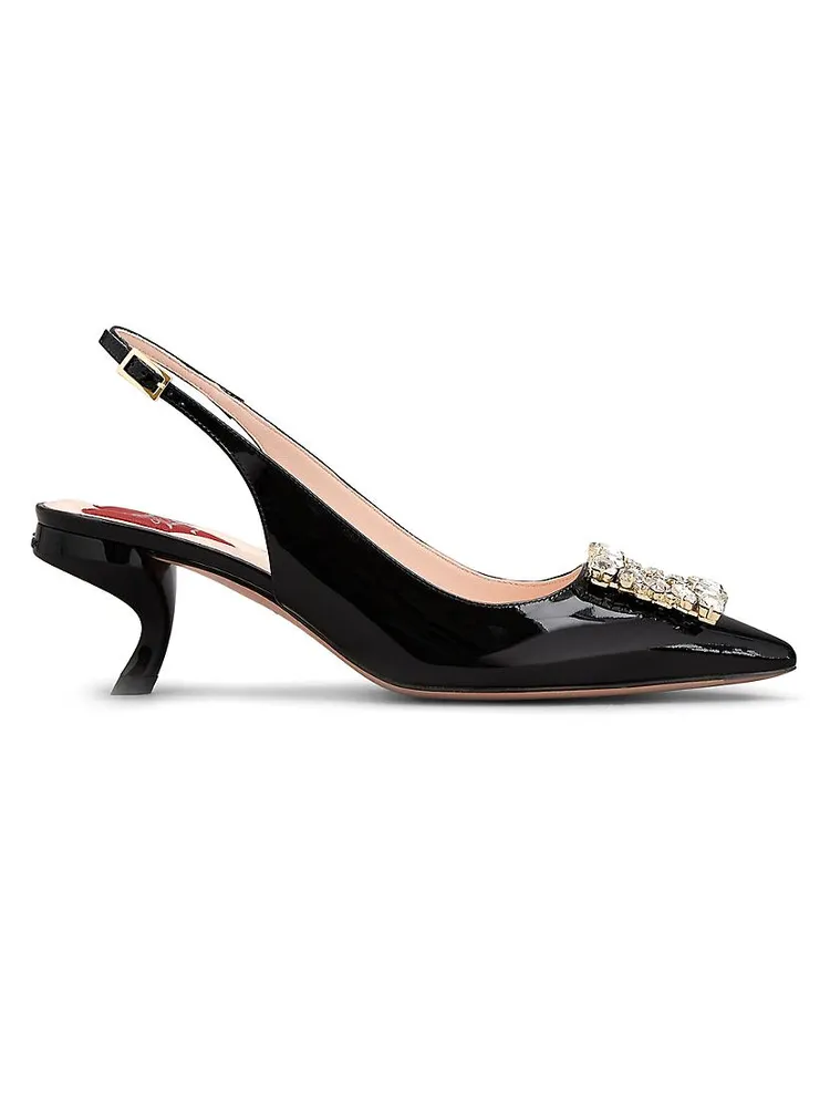 Virgule Embellished-Buckle Patent Leather Slingback Pumps