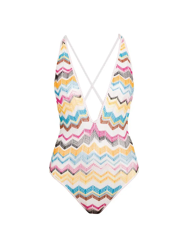 Chevron Crossover Halter One-Piece Swimsuit