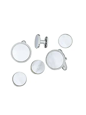 Rhodium-Plated Brass & Mother-of-Pearl 6-Piece Stud & Cuff Links Set