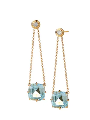 18K Yellow Gold, 0.1 TCW Diamond & Blue Topaz Mogul Chain Earrings