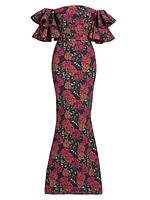 Parvati Floral Jersey Off-The-Shoulder Gown